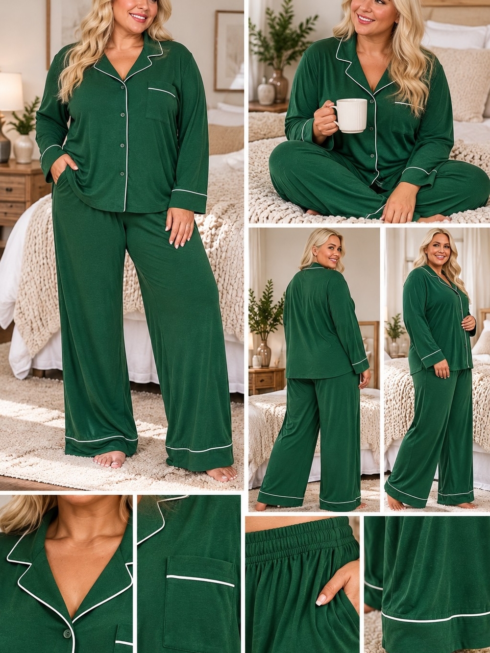 Zenana Dark Green 2 Piece Lounge Pajama Set Wide Leg Pants